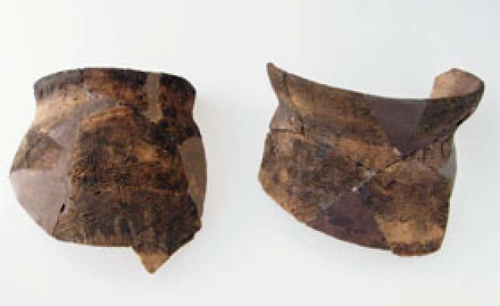 千駄木遺跡で出土した弥生中期後半の栗林式系統のかめ（左）と後期のかめ（県教委所蔵）